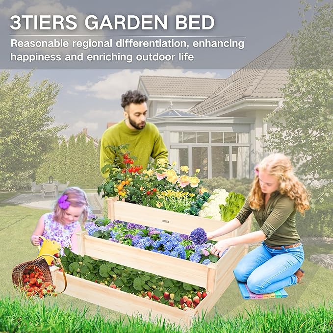 ZSYWODFO 3-Tier Raised Garden Bed with Fabric Liner, Wood Elevated Planter Box with Dovetail Joint Design, 3 Dividable Bed Kit for Vegetables/Herbs/Flowers, Outdoor Gardening for Patio, Lawn, Balcony