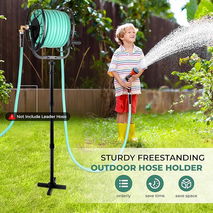 Favormony Garden Hose Reel - Heavy Duty Outdoor Turntable Water Hose Holder with Sturdy Cross Base, 100 ft of 5/8" Hose Capacity, Height Adjustable 360 Degree Rotate Freestanding Hose Stand for Yard