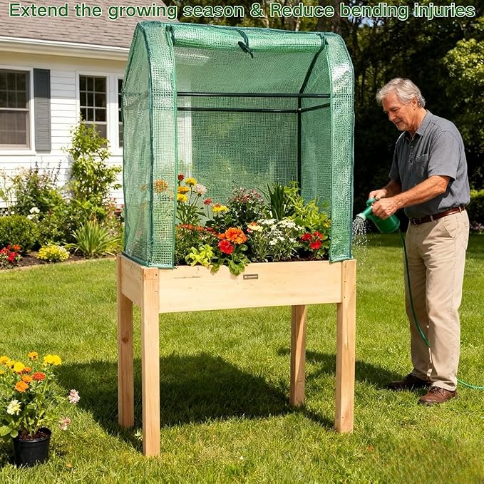 ZSYWODFO Raised Garden Bed with Greenhouse Cover,Elevated Wood Planter Box with Legs & Non-Woven Liner,34" L x18 W x 66" H Indoor Outdoor Gardening Bed for Vegetables, Herbs, Flowers