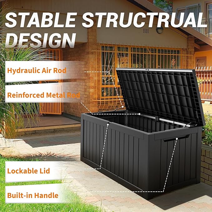 WTFGO 240 Gallon Large Resin deck box Waterproof,Outdoor Storage Bench,Patio Storage Box,Garden Tool Storage,UV-Resistant & All-Weather,Wood-like Striped BLack