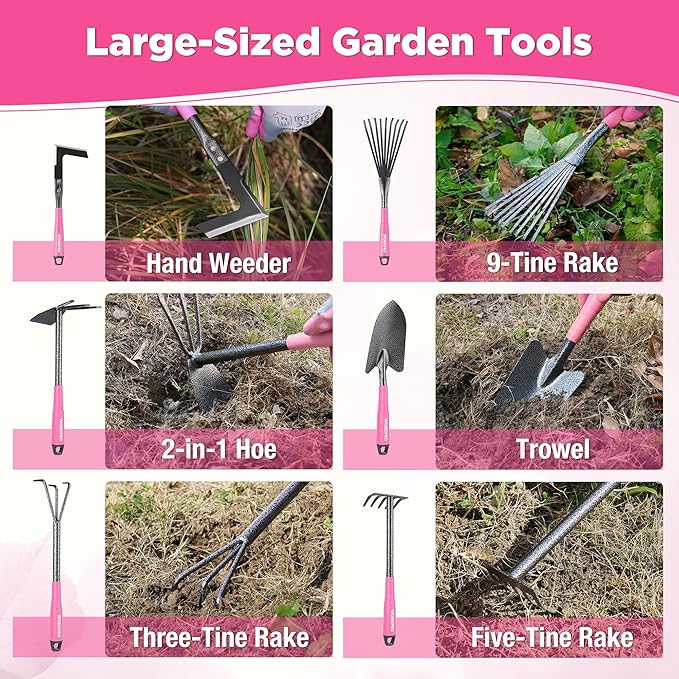 WORKPRO 6-Piece Pink Garden Tool Set, Heavy Duty Gardening Hand Tools with Soft Rubber Handle, Including Trowel, Rakes, 2-in-1 Hoe and Crack Weeder, Ideal Gardening Gifts for Men and Women
