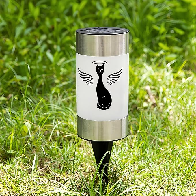 Solar Cat Memorial Garden Light, Outdoor Pet Remembrance Keepsake with Angel Silhouette, Automatic Dusk to Dawn LED Yard Stake
