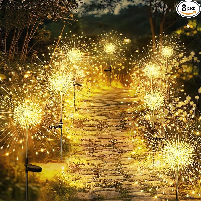 GIGALUMI Garden Decor Outdoor Lights 120LED 8Pack, Solar Garden Lights for Christmas Outside Fairy Firework Decorative,Solar Powered for Yard Pathway Flowerbed Planter Balcony Patio Decor (Warm White