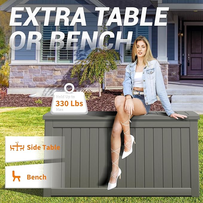 WTFGO 240 Gallon Large Resin deck box Waterproof,Outdoor Storage Bench,Patio Storage Box,Garden Tool Storage,UV-Resistant & All-Weather,Wood-like Striped Gray