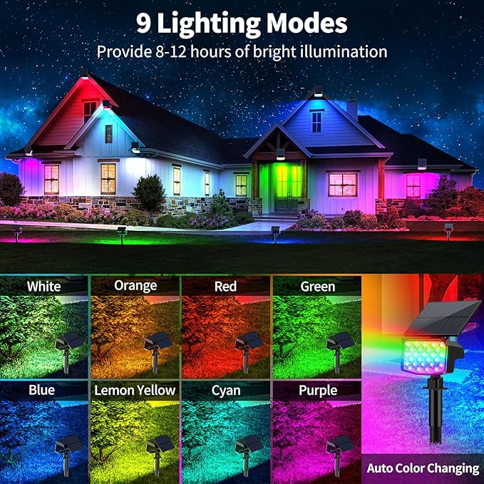 Solar Color Changing Spot Lights Outdoor, [9 Modes/4 Pack] Solar Christmas Lights Outdoor Waterproof IP65, Multicolor Solar Powered Landscape Spotlights for Yard Garden Pathway Lawn Decoration