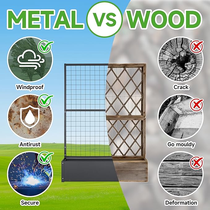 YKteedens Metal Planter with Trellis Raised Garden beds Outdoor (35.5" L*12" W*71" H) inch Planter Box with Trellis&Privacy Screen for Climbing Plants, Vegetables, Vines