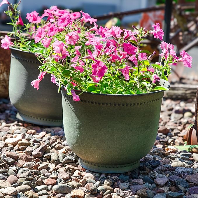 Sunnydaze Michael 14.5" Metal Outdoor Plant Pot Set with Drainage Holes and Rubber Plugs - Matte Sage - Set of 2