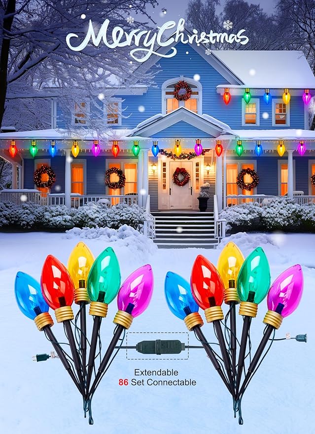 Super Jumbo 2 Pack Christmas & Pathway String Lights, Outdoor Xmas Decor - 11Ft 5 Jumbo LED Hanging Lights, Waterproof Lawn Decoration for Home Tree Roof Yard Garden, Multicolor