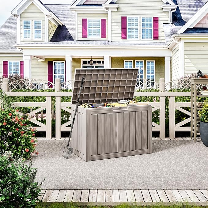 WTFGO 45 Gallon Outdoor Storage Deck Box Waterproof,Garden Tool,Backyard Cushion,Poolside Storage,Small Delivery Boxes for Outside,UV-Resistant & All-Weather,Wood-like Striped Gray