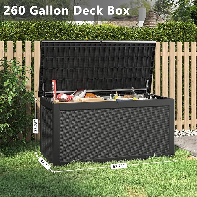 WTFGO 320 Gallon Large Resin deck box Waterproof,Outdoor Storage Bench,Patio Storage Box,Garden Tool Storage,Resin Large Sturdy Deck boxes with Double Wall Panels,Rattan Black