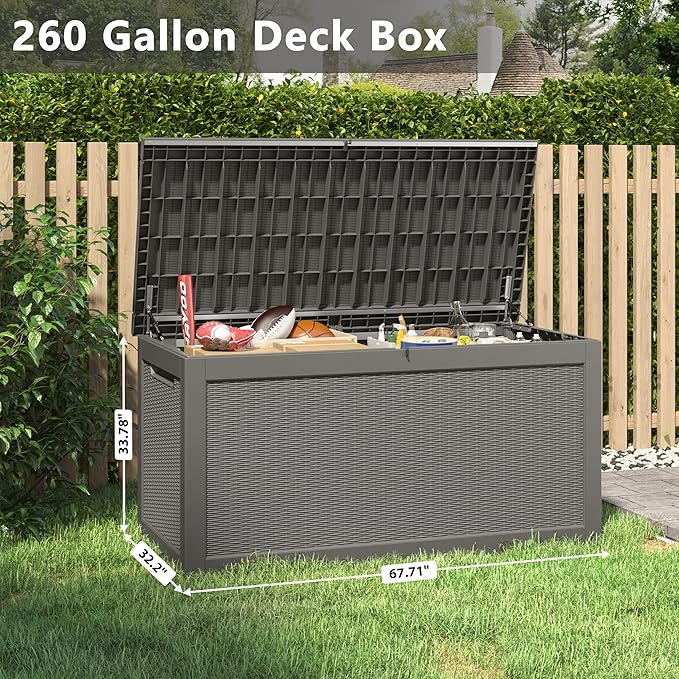 WTFGO 320 Gallon Large Resin deck box Waterproof,Outdoor Storage Bench,Patio Storage Box,Garden Tool Storage,Resin Large Sturdy Deck boxes with Double Wall Panels,Rattan Gray